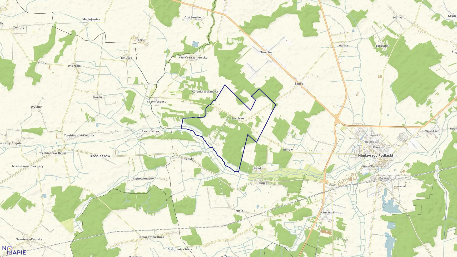 Mapa obrębu POŚCISZE w gminie Międzyrzec Podlaski